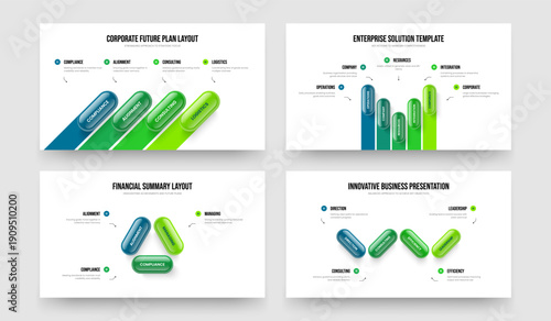 Project Launch 4 5 3 Option Diagram Slideshow Design Collection. Consulting Visualization Four Five Three Element Infographic Slide Template Vector Illustration Bundle.