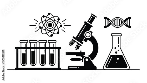 Microscope and laboratory equipment in black and white illustration isolated on white background, Vector