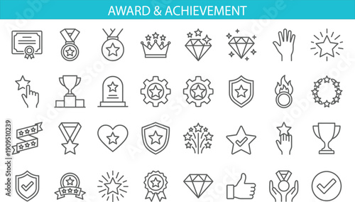Award and achievement line icon set featuring trophy medal star badge success symbols modern outline vector illustration collection for recognition design
