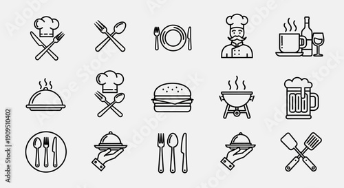 Collection of culinary icons representing food, cooking, and dining experiences in a modern restaurant setting