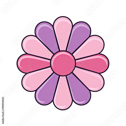 Colorful, cartoon-style flower with layered pink and purple petals, a dark background