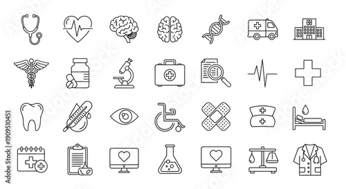 Collection of medical icons representing healthcare and medicine in a simple line art style on a plain background viewed from a straightforward perspective