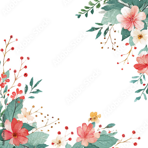 Watercolor floral arrangement with red berries and muted colors on black background