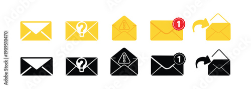 Email notification icon set. Envelope, inbox, alert badge, reply and warning message symbols, yellow black vector isolated on white.