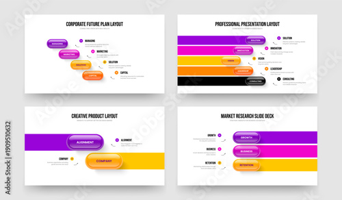 Investor Development 4 5 2 3 Option Diagram Slide Template Set. Marketing Analysis Four Five Two Three Element Infographic Presentation Layout Vector Illustration Bundle.
