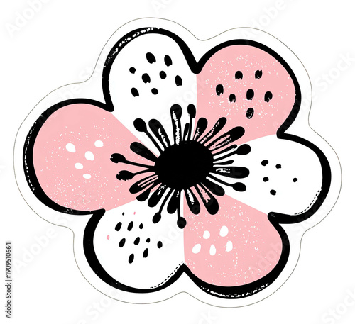Simple, charming illustration of a five-petaled flower with black center and pink petals