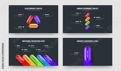 Digital Solution 3 4 5 1 Step Diagram Slide Layout Bundle. Market Analysis Three Four Five One Option Infographic Presentation Design Vector Illustration Collection.