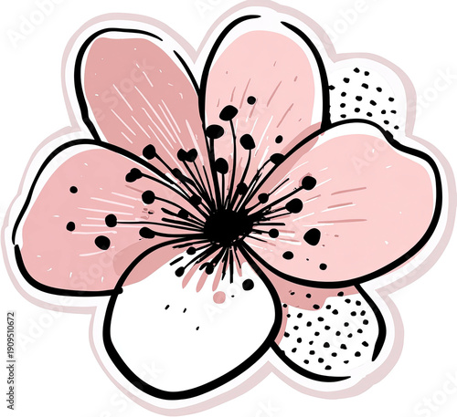 Delicate floral illustration of a five-petaled flower, shaded in pink hues, with black center