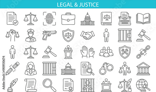 Legal and justice line icon set featuring law court police judge prison symbols modern outline vector illustration collection for legal services