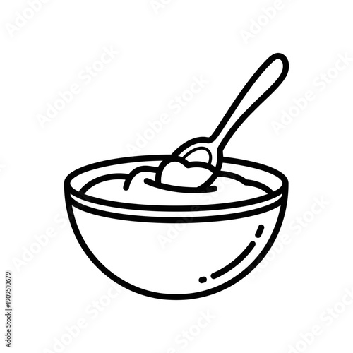 Bowl of Oatmeal with Spoon, Healthy Breakfast Food Illustration, Simple Line Art Icon