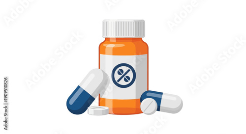 Medication bottle with percentage sign and pills scattered around on a plain surface, viewed from a straightforward angle