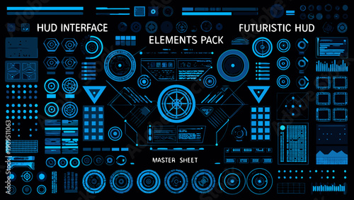 Futuristic hud interface elements pack with various shapes and digital displays