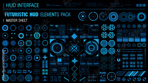 Futuristic hud interface elements pack displayed on a dark background