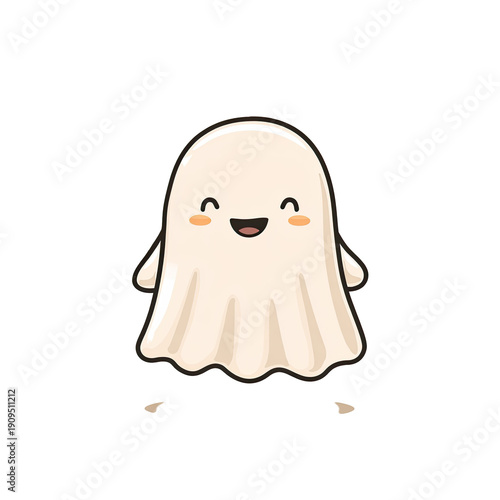 A smiling, friendly cartoon ghost with a white sheet and small, stubby feet on a black background