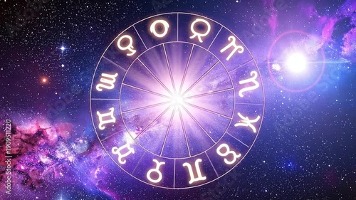 A glowing zodiac wheel against a vibrant cosmic background, representing astrology and celestial concepts.