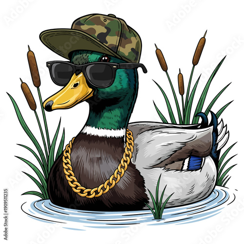 Cool mallard duck wearing camouflage hat sunglasses and gold chain in the pond