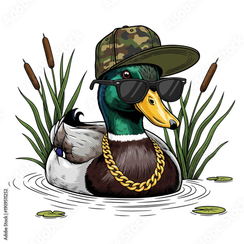 Cool mallard duck wearing camouflage hat sunglasses and gold chain in the pond