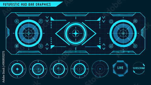 Futuristic hud bar graphics with circular targeting reticles and digital elements