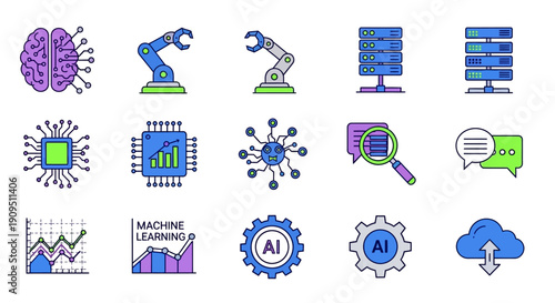 Collection of Artificial Intelligence and Machine Learning Icons Representing Technology and Innovation