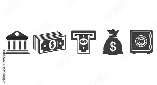 Financial icons sequence illustration including bank, money, tax, bag, and safe, showcasing various finance-related concepts, viewed from a straightforward perspective