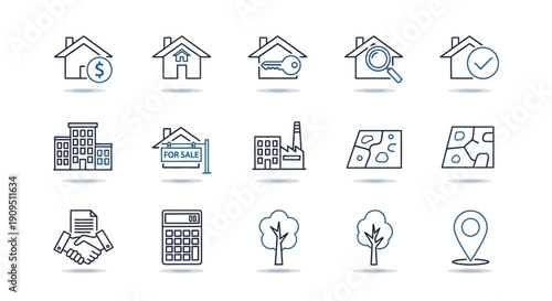Collection of simple line icons representing real estate and property management concepts displayed on a clean white background, including houses, buildings, and maps orignall eps (87).eps