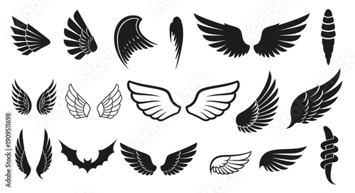Collection of various wing illustrations in different styles and orientations, showcasing diverse designs and silhouettes, vector graphics