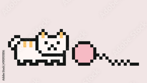 Cute cat kitten play wool yarn of ball with cartoon,8 bit,colorful,kitty,toy,pet.