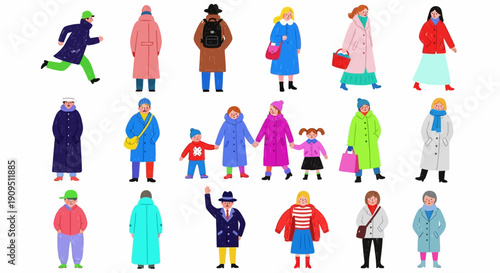 Illustration of diverse people in various poses and attire, showcasing different lifestyles and activities in a modern urban setting, viewed from a straightforward perspective