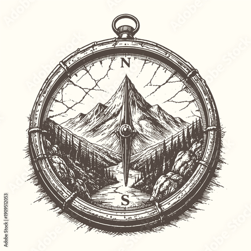 Creative Concept Vector Illustration of a Scenic Mountain Landscape Viewed Through the Glass of a Vintage Pocket Compass in Engraving Style