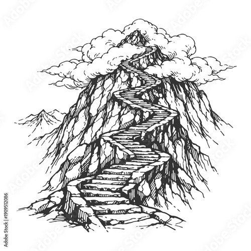 Surreal Concept Vector Illustration of a Stone Staircase Winding Up a Tall Mountain Peak Into the Clouds in a Detailed Woodcut Style