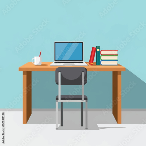 Office desk with chair and laptop.