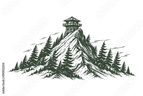 Bold Linocut Style Vector Illustration of a Wooden Lookout Watchtower Perched on a Sharp Rocky Mountain Peak Surrounded by Pine Trees
