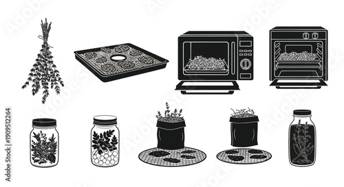 Food Dehydrator and Preserving Equipment Icon Set Vector