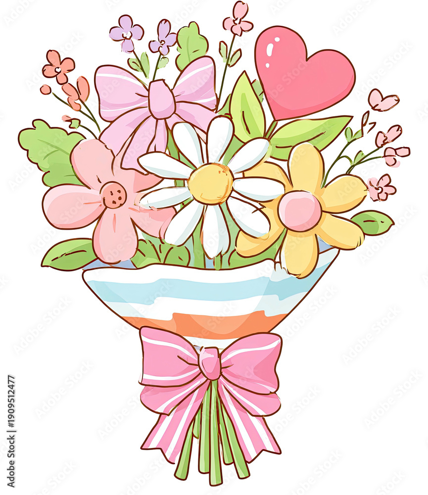 custom made wallpaper toronto digitalCartoon bouquet illustration with bows, heart, and various colored blossoms on black