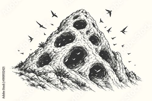 Vintage Engraving Vector Illustration of a Large Termite Mound with Multiple Entrances and Birds Circling in a Barren Landscape Scene