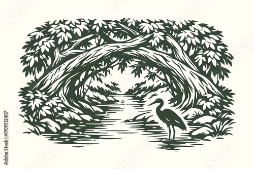 Tablou pe pânză Bold Linocut Style Vector Illustration of a Heron Standing in a River Stream Fra