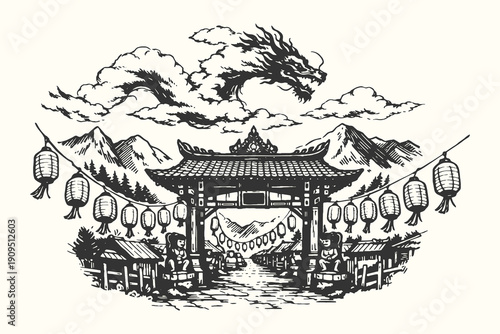 Intricate Asian Inspired Vector Illustration Featuring a Dragon in the Sky Above a Traditional Temple Gate with Lanterns in Engraving Style
