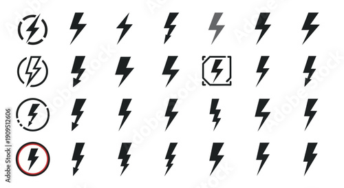 Collection of varied lightning bolt icons in different styles and frames, showcasing diverse design elements and visual representations