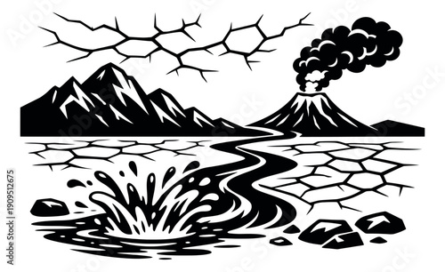 Graphic illustration of a dramatic natural landscape depicting an erupting volcano, a geyser, and cracked ground for environmental and geological themes