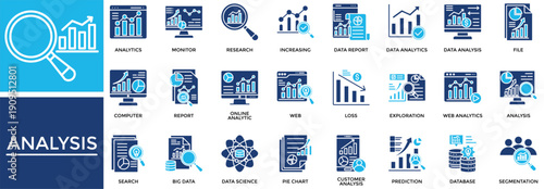 Analysis icon set collection. Containing examine, scan, review, database, loss, write, advice .Solid vector icons collection