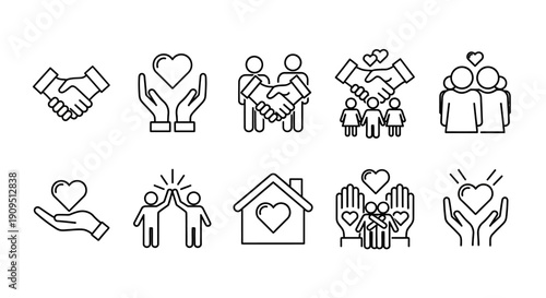 Collection of simple line icons representing family, love, and support in a minimalist style, viewed from a straightforward perspective