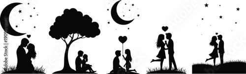 Romantic couple silhouette collection in circular frames featuring lovers under the night sky with moon and stars for wedding designs