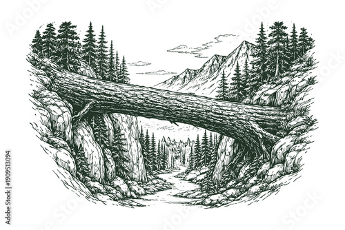 Detailed Woodcut Style Vector Illustration Featuring a Fallen Tree Log Serving as a Bridge Over a Rocky River Stream in a Dense Pine Forest