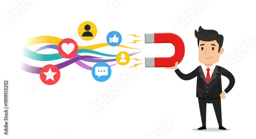 Cartoon businessman attracting social media engagement with a magnet.
