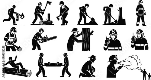 Emergency Worker and Lumberjack Silhouette Collection Vector Illustration Firefighter Rescue Black Silhouette Collection Vector Illustration Firefighter Rescue Black and White Set