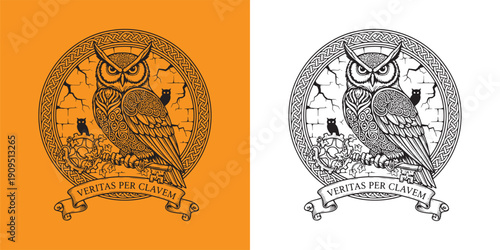 Mystic Wise Owl Perched on Ornate Key with Latin Motto Veritas Per Clavem Emblem