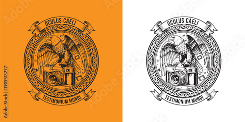 Bald Eagle Perched on Vintage SLR Camera with Oculus Caeli Latin Motto