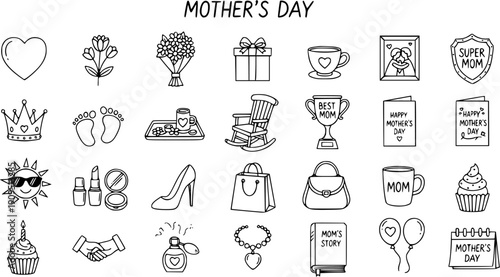 Mother's Day Celebration Hand-drawn Line Art Icons Set - Black and White Family Doodles and Love Symbols Collection