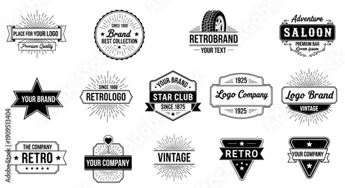 Collection of vintage and retro style emblems and labels featuring typography and badge designs for branding and identity
