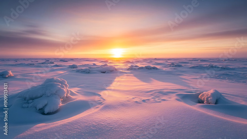 Serene snowy landscape at sunset with vibrant orange sky